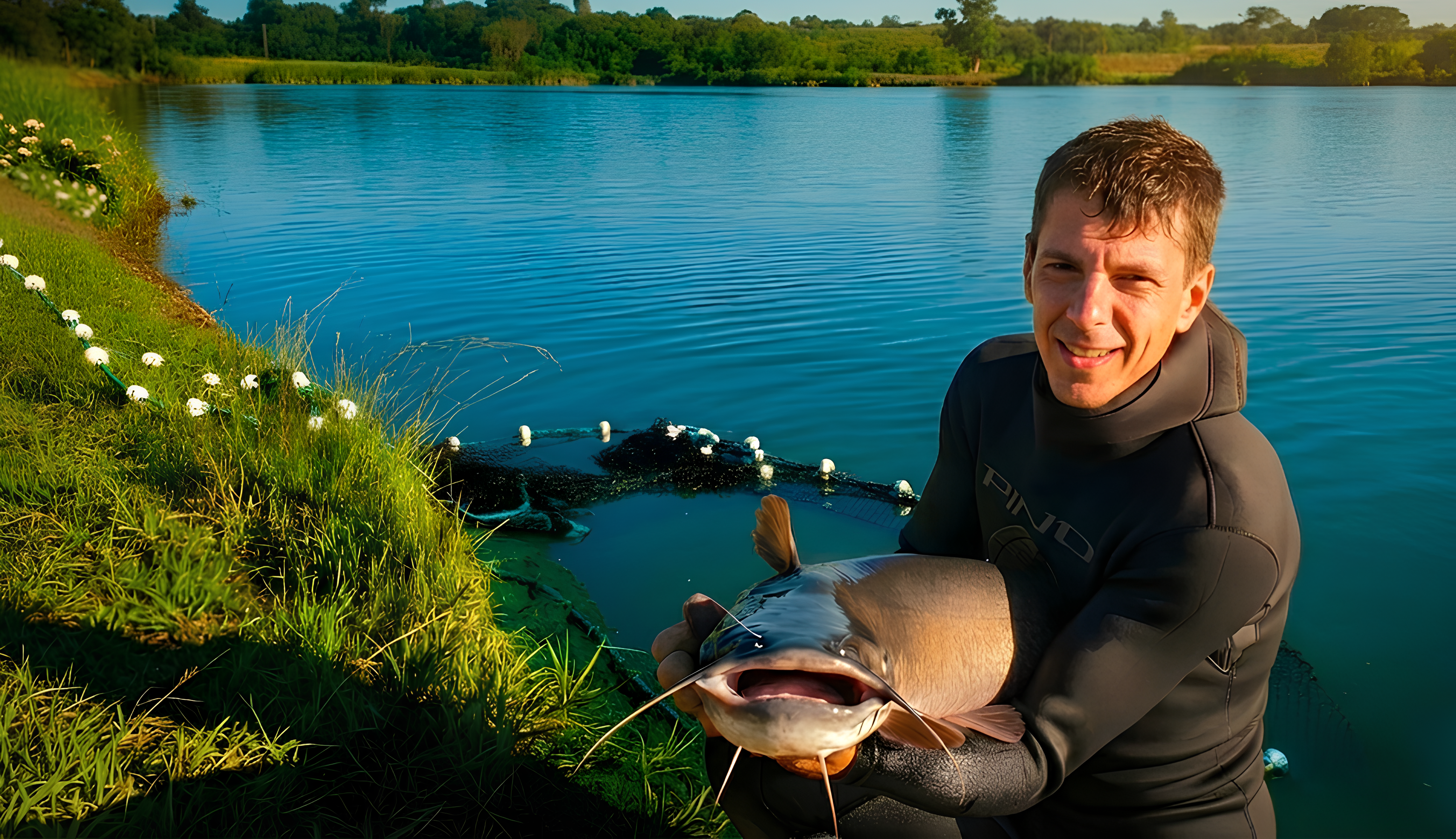 Carlos Krüger sorrindo segurando um peixe catfish